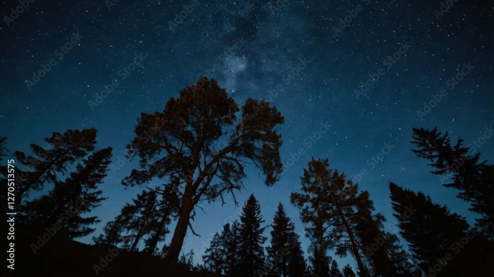 Fototapeta premium A tranquil scene of trees set against a starry night sky.