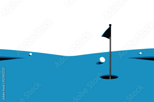 Create a minimalist illustration of a golf course featuring geometric, stylized hills and a single, perfectly placed golf ball.  Emphasize clean lines and a muted color palette.