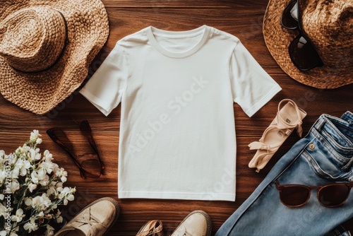 White shirt mockup, summer clothing, wooden background, flatlay