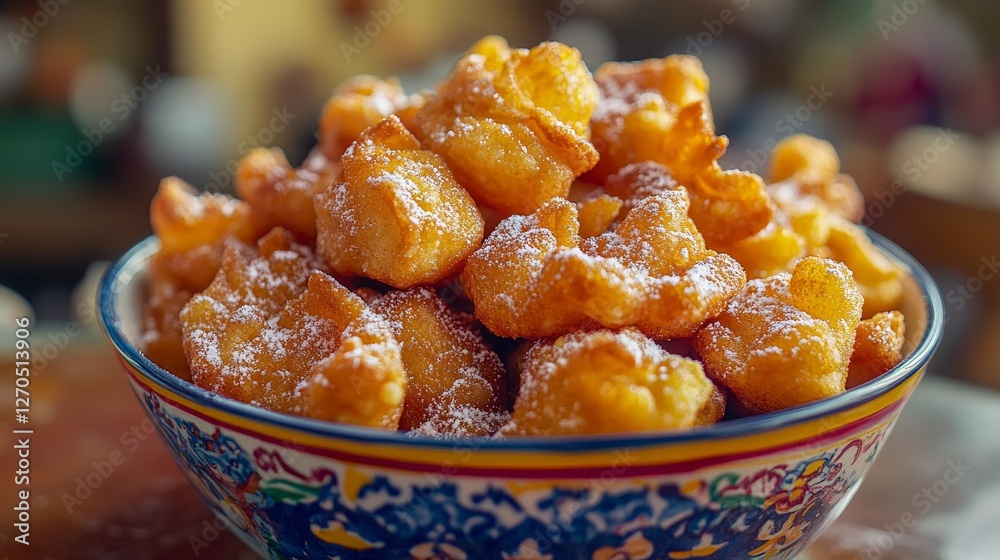 A bowl of golden, fluffy pastries dusted with powdered sugar. A bowl of golden, fluffy pastries dusted with powdered sugar.