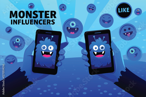 Three monstrous influencers, diverse designs, strike playful poses for selfies using futuristic smartphones.  Vibrant, fantasy setting.
