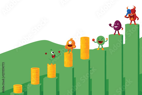 A surreal illustration of monstrous creatures scaling a precarious ladder constructed from gold coins, symbolizing ambition and greed.