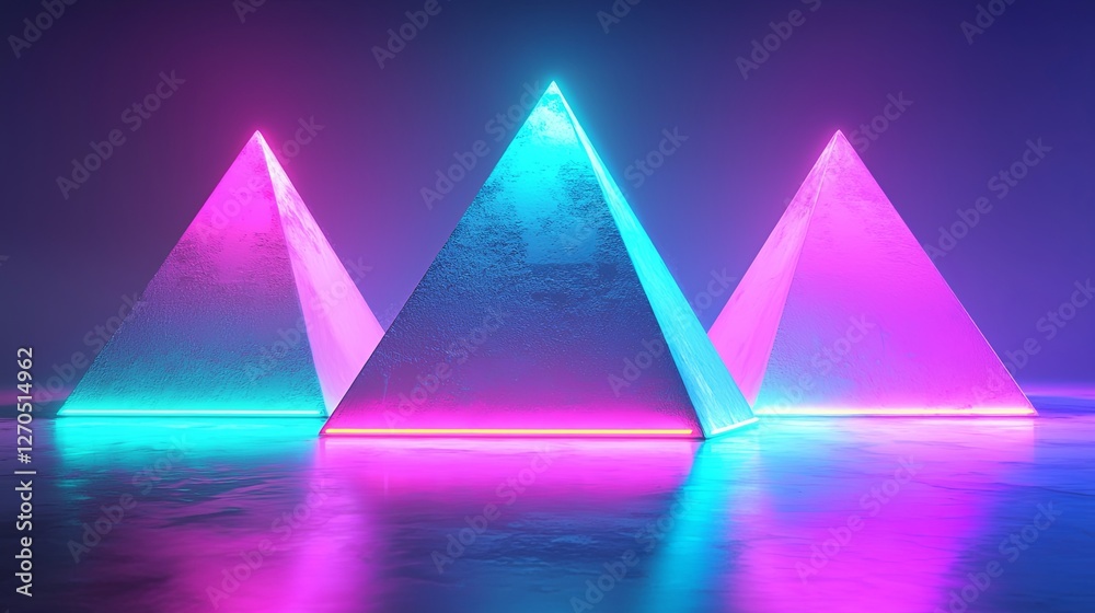 Neon Illuminated Pyramids in Vibrant Colors on Glossy Surface Neon Illuminated Pyramids in Vibrant Colors on Glossy Surface