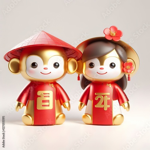 A cute 3Drendered golden couple monkey wears a traditional red Vietnamese Ao Dai and a conical hat. It's a festive image perfect for wedding or Lunar New Year celebrations, white background photo