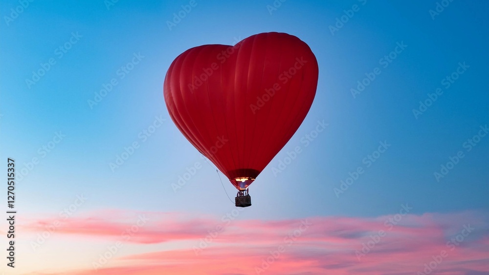 Fototapeta premium Beautiful heart shape air balloon against blue and pink pastel sky in a sunny bright morning. Foggy mountains in the background. Romantic trip on Valentine's Day. Sport and recreation travel theme