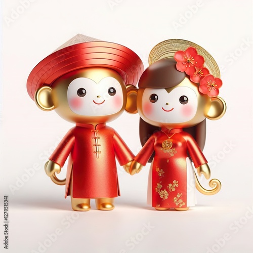 A cute 3Drendered golden couple monkey wears a traditional red Vietnamese Ao Dai and a conical hat. It's a festive image perfect for wedding or Lunar New Year celebrations, white background photo