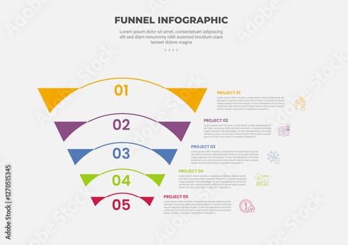 funnel base shape infographic outline style with 5 point template with reverse funnel with round line for slide presentation