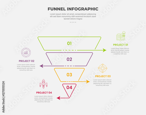 funnel base shape infographic outline style with 4 point template with arrow line opposite direction for slide presentation