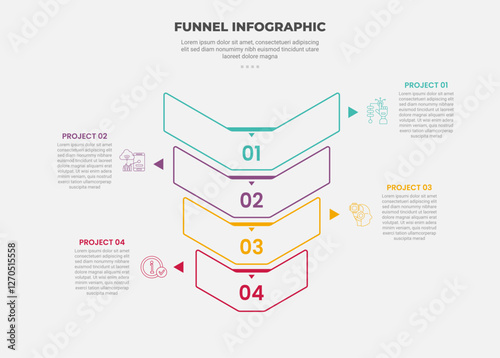 funnel base shape infographic outline style with 4 point template with rigid structure and small arrow pointer for slide presentation