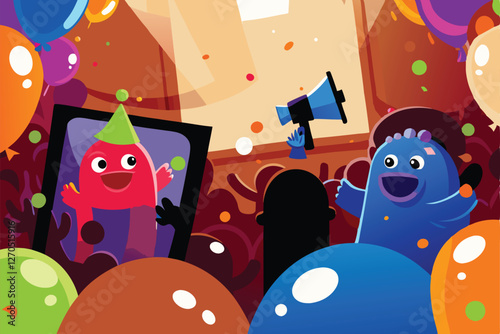Chaotic scene of cartoon monsters besieged by intrusive pop-up ads,  a surreal digital nightmare in vibrant, eye-catching colors.