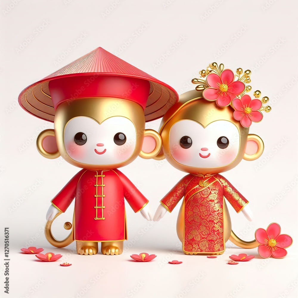 Fototapeta premium A cute 3Drendered golden couple monkey wears a traditional red Vietnamese Ao Dai and a conical hat. It's a festive image perfect for wedding or Lunar New Year celebrations, white background