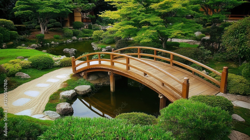 a serene Japanese garden with a curved wooden bridge over a stream, surrounded by vibrant green foliage a serene Japanese garden with a curved wooden bridge over a stream, surrounded by vibrant green foliage