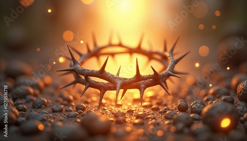 Detailed Crown of Thorns with Golden Sunset Light on Dark Stones photo