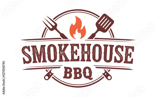 Smokehouse BBQ logo with stylized flame and grilling tools in circular design