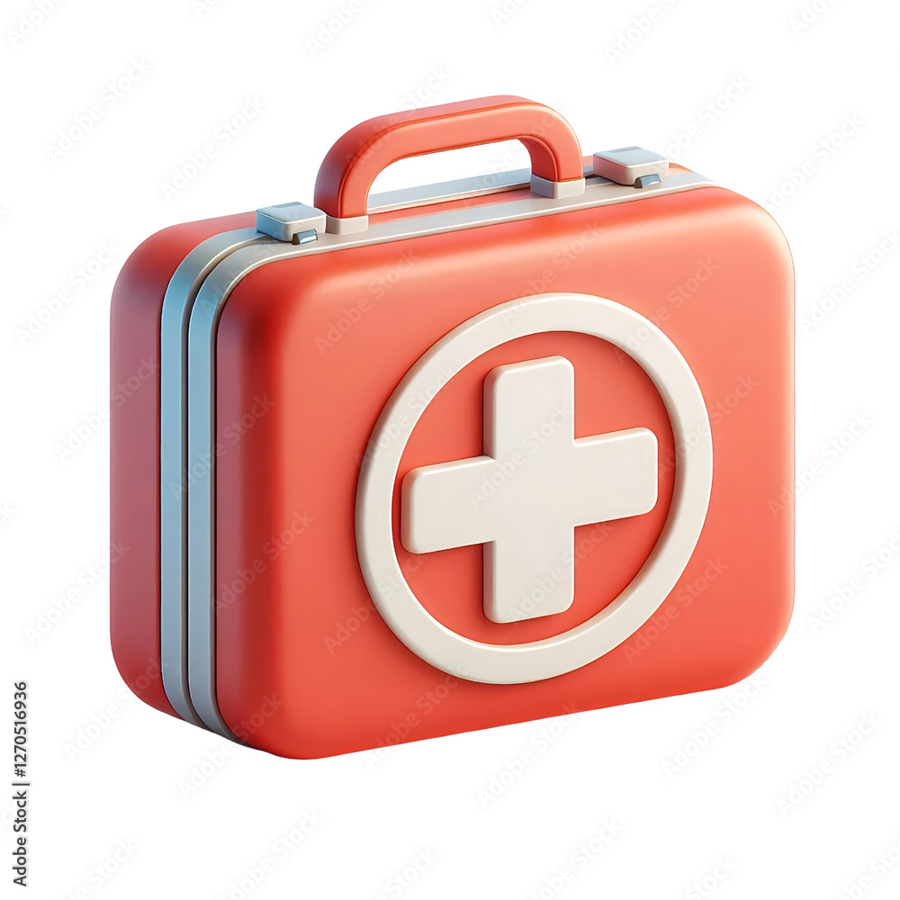 Fototapeta premium 3d red first aid kit with white cross symbol isolated on white or transparent background. Emergency, healthcare, and medical safety concept for design