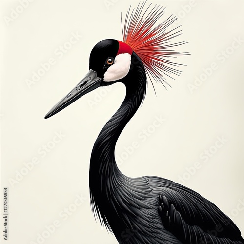 Detailed Crane Painting with Vivid Red Crest Against Pure White Background. A black and white bird with a red crest on its head. photo