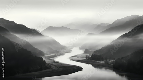 mountains black and white river