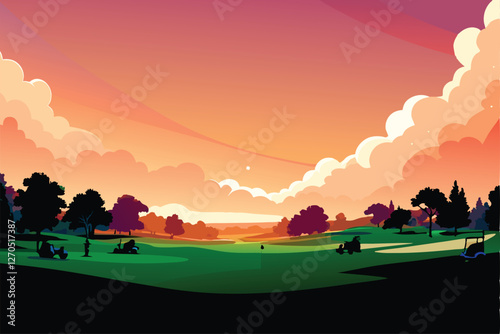 Panoramic sunset view of a lush, vibrant golf course, showcasing meticulously manicured greens, fairways, and sand traps with a water feature.