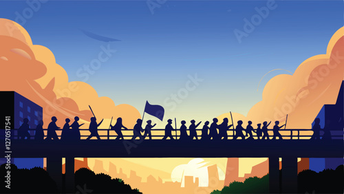 Silhouetted protesters marching across a bridge at sunset, demonstrating against injustice.  Capture the powerful energy and unity of the crowd.