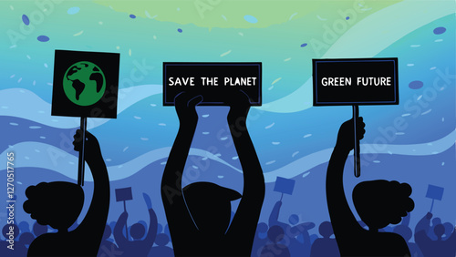 Climate activists rally, holding eco-friendly signs beneath a vibrant green awning.  Focus on signs' messages and protestors' expressions.