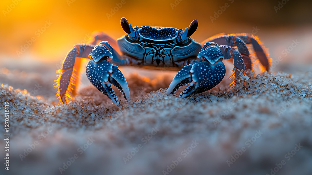 Blue Crab On Sandy Beach At Sunset Blue Crab On Sandy Beach At Sunset