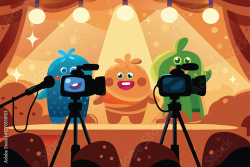 Three quirky, colorful monsters excitedly broadcast a live stream, showcasing their unique personalities and using cutting-edge tech.
