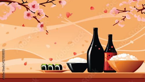 Create a seamless repeating pattern featuring various sake bottles, rice bowls, and chopsticks, in a traditional Japanese style.  Emphasis on vibrant colors and detailed illustrations.