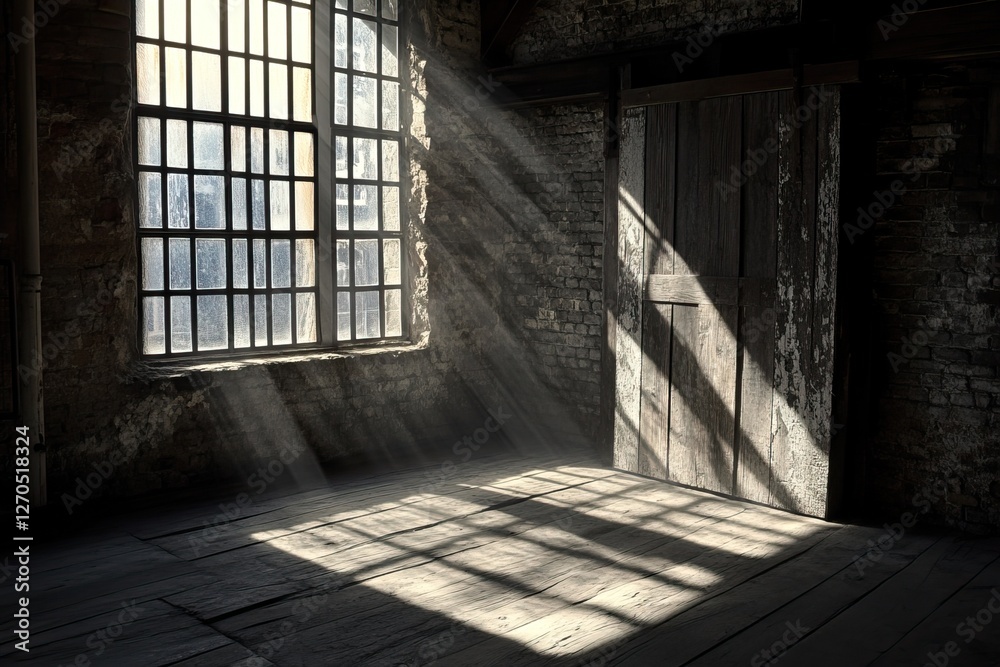Sunbeams in loft; urban decay, wood floor Sunbeams in loft; urban decay, wood floor
