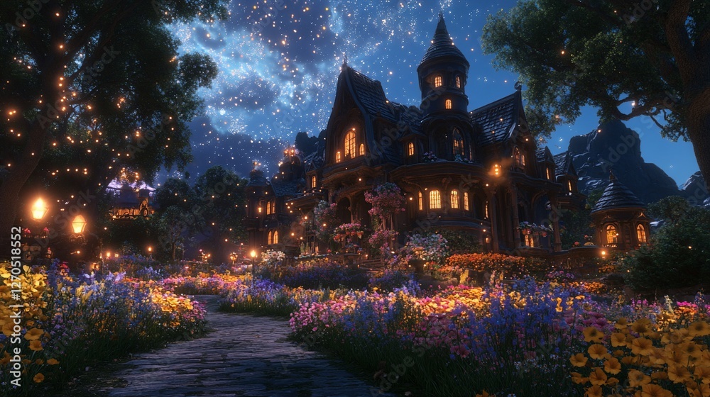 Enchanting night scene of a fairytale house nestled in a vibrant garden with glowing lanterns. Enchanting night scene of a fairytale house nestled in a vibrant garden with glowing lanterns.