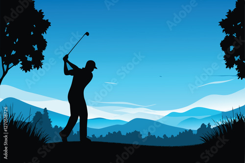 Silhouette of a golfer executing a powerful golf swing against a majestic mountain backdrop at sunset.