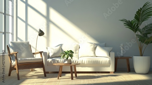 Fototapeta Naklejka Na Ścianę i Meble -  Loft style living room 3d rendering image.There are white wall,
white wood floor . Furnished with armchair and journal table, sofa, lamp. 3d rendering

