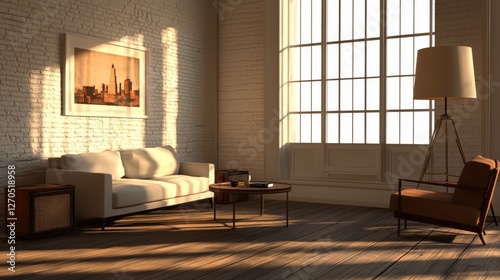 Fototapeta Naklejka Na Ścianę i Meble -  Loft style living room 3d rendering image.There are white wall,
white wood floor . Furnished with armchair and journal table, sofa, lamp. 3d rendering

