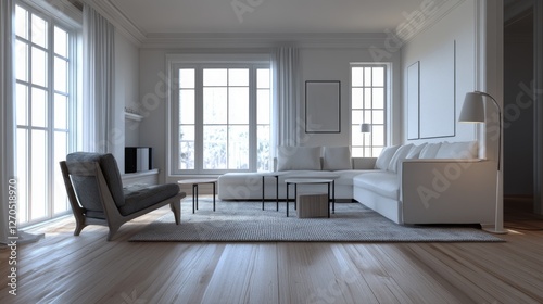 Fototapeta Naklejka Na Ścianę i Meble -  Loft style living room 3d rendering image.There are white wall,
white wood floor . Furnished with armchair and journal table, sofa, lamp. 3d rendering

