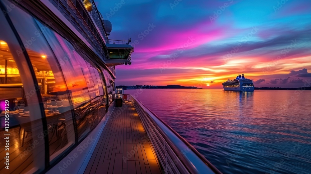 Fototapeta premium Cruise ship deck at sunset, vibrant sky, another ship in distance