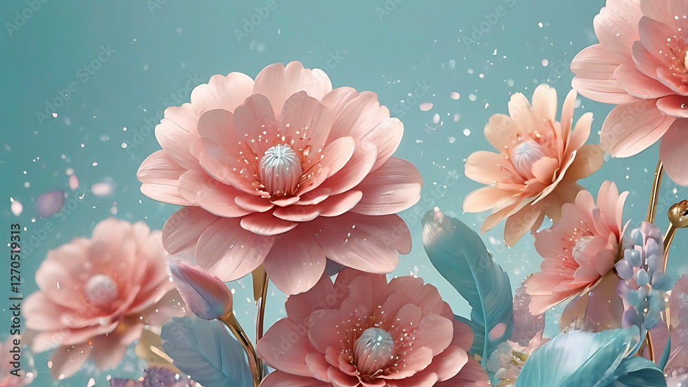 Beautiful Pink Flower with Dew Drops and Soft Colorful Background