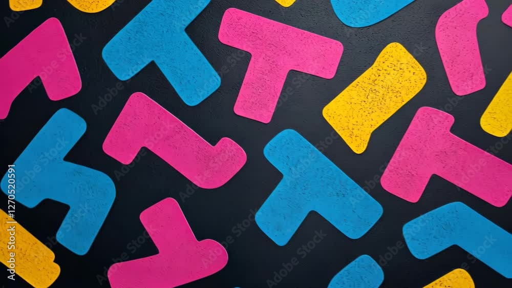 Graffiti Style Alphabet Letters Scattered Creatively in Vibrant Colors Featuring Blue Pink Yellow on Textured Black Background Highlighting Bold Artistic Typography