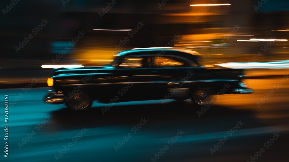 Fototapeta premium Silhouette of old vintage car in dark foggy toned background with glowing lights in low light. Selective focus