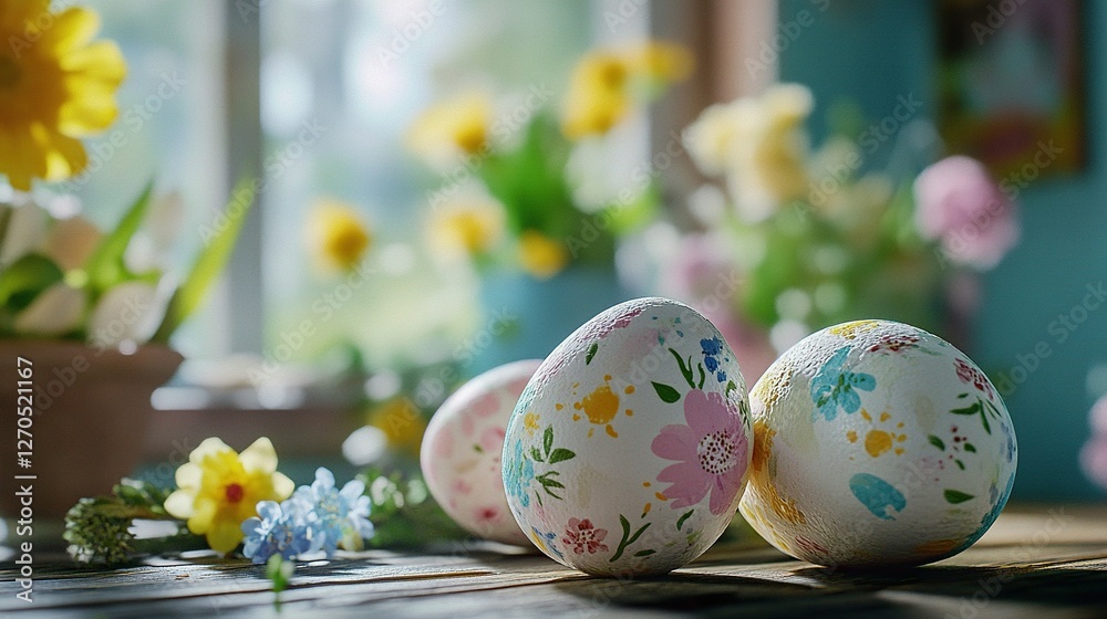 Fototapeta premium Easter eggs with flowers on table