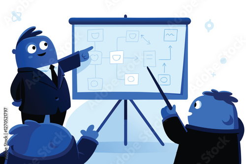 Vector illustration of monsters in business suits engaged in a serious discussion, showcasing humorous juxtaposition of monstrous forms and corporate attire.