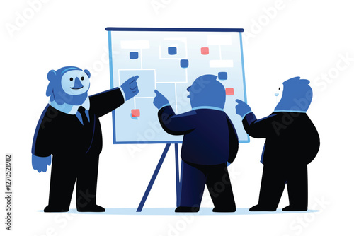 Vector illustration sophisticated monsters in business suits engaged in serious discussion, boardroom setting.