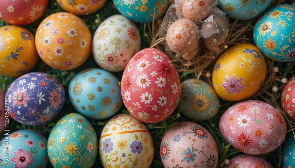 Colorful Easter eggs pattern with a festive holiday decoration Colorful Easter eggs pattern with a festive holiday decoration