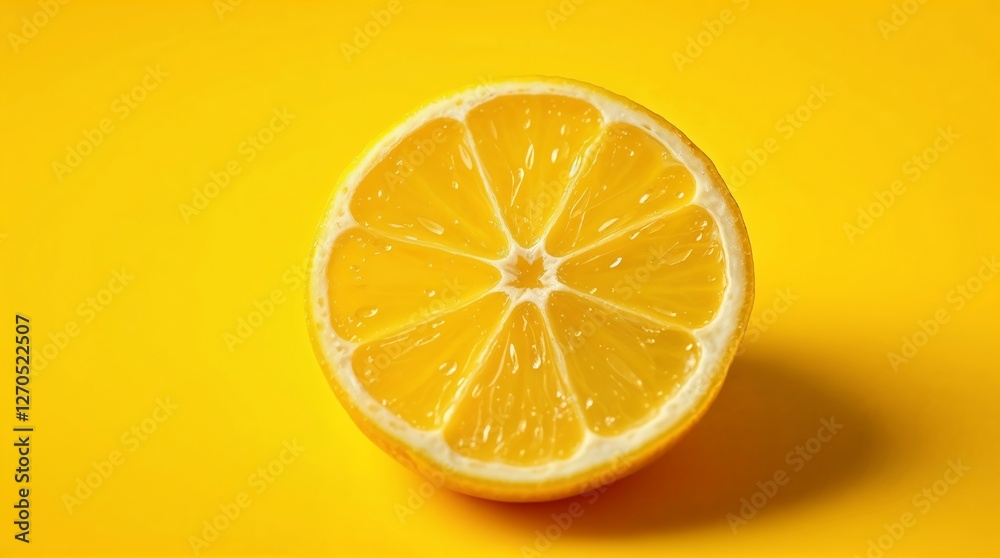 Lemon Slice with Juice Droplets on Bright Yellow Solid Background Lemon Slice with Juice Droplets on Bright Yellow Solid Background