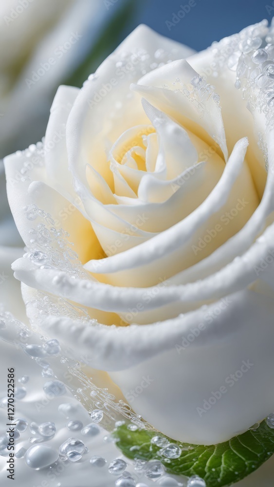 Fototapeta premium Close-up of white rose with water droplets on petals, delicate flower macro shot, romantic floral background for design