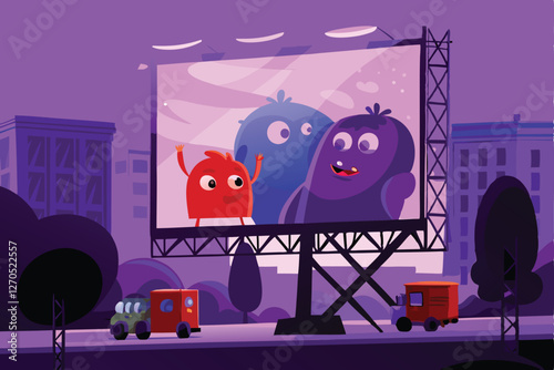 A vibrant vector background showcasing cute monsters playfully operating complex machinery in a whimsical factory setting.