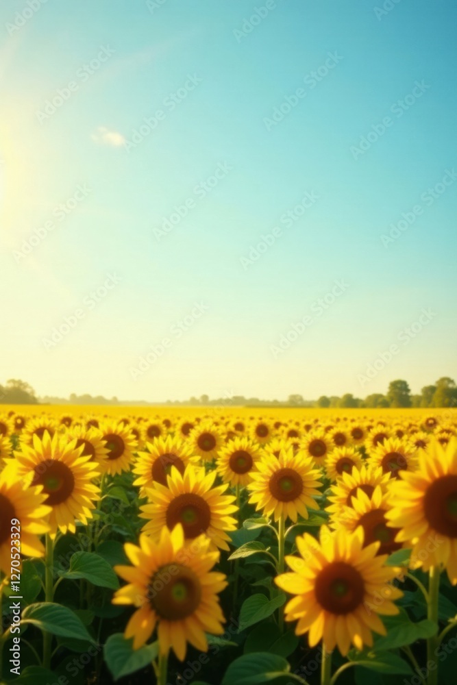 Fototapeta premium Vibrant Yellow Sunflowers Blooming in a Vast Field Under a Clear Sky