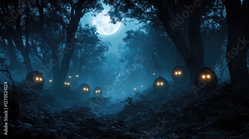 A shadowy forest with glowing eyes peering out from the darkness, under a full moon
