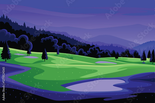A wide, panoramic shot of a championship golf course, showcasing its sprawling fairways, manicured greens, and strategically placed bunkers under a bright sky.