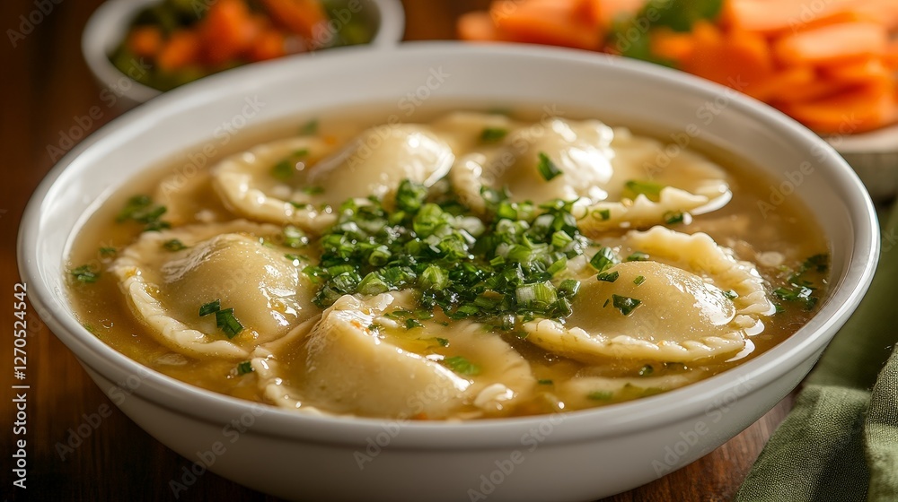 A bowl of ravioli in broth, garnished with green onions, served with side vegetables. A bowl of ravioli in broth, garnished with green onions, served with side vegetables.