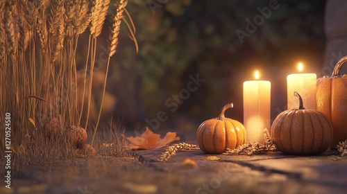 A simple yet elegant autumn display of pumpkins, wheat stalks, and soft candlelight