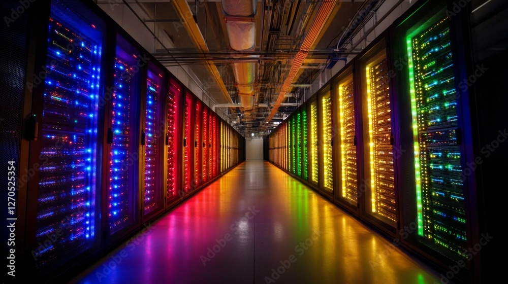 Fototapeta premium Vibrant Data Center with Colorful Server Racks and LED Lights